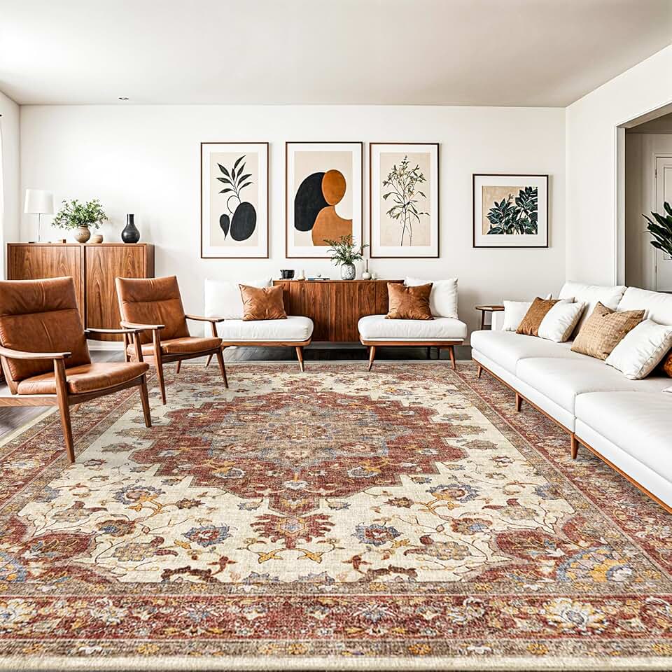 Washable Oriental Area Rug - 10x14 Rugs for Living Room Soft Carpet for Bedroom Waterproof Floral Distressed Indoor Stain Resistant Non-Shedding Floor Carpets (Red, 10X14)