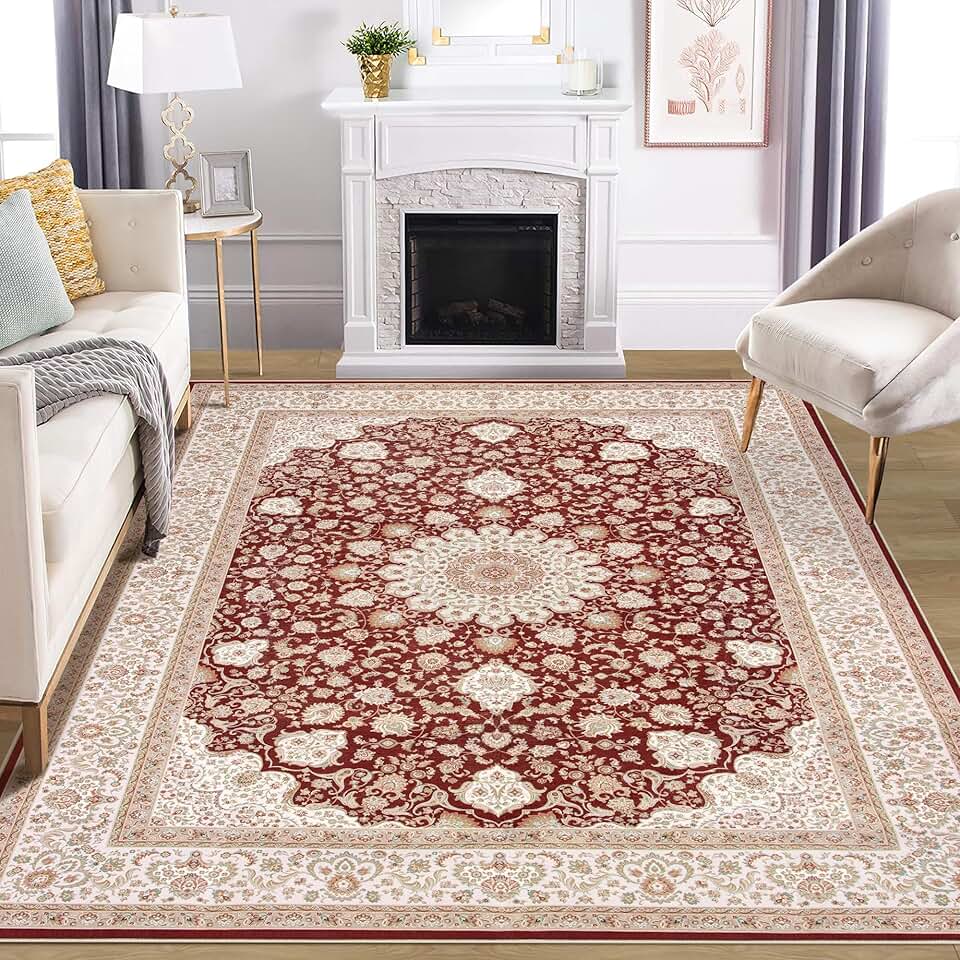Washable Rug Living Room Rugs: 9x12 Area Rugs Large Machine Washable Non Slip Carpet Soft Floral Luxury Thin Carpets for Dining Room Bedroom Farmhouse Nursery Home Office Red Brown