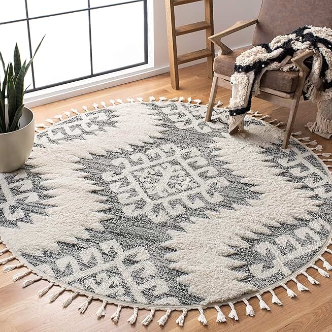 SAFAVIEH Moroccan Tassel Shag Collection Area Rug - 9' Round, Ivory & Grey, Boho Design, Non-Shedding & Easy Care, 2-inch Thick Ideal for High Traffic Areas in Living Room, Bedroom (MTS652F)