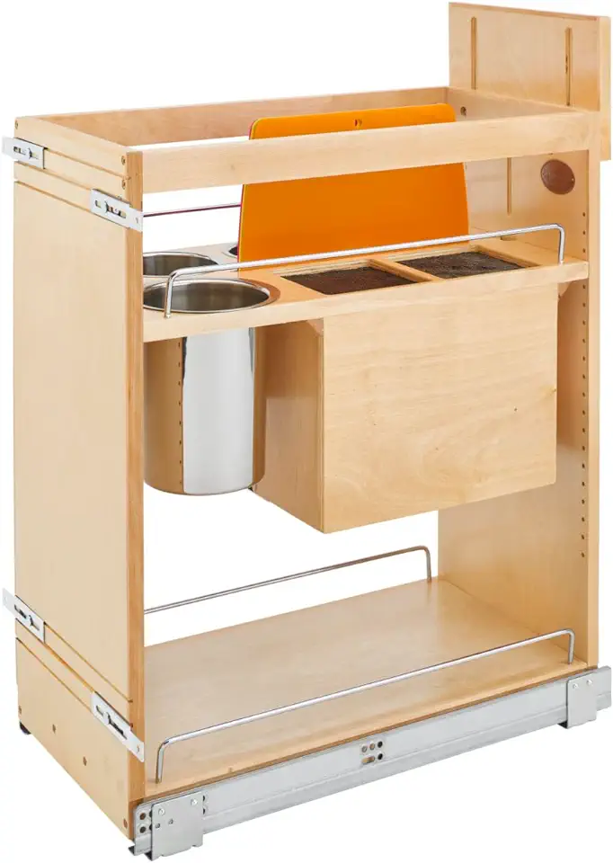 Rev-A-Shelf 448KB-BCSC-11C 11 Inch Base Pullout Kitchen Cabinet Organizer with 2 Universal Knife Blocks and Stainless Steel Utensil Storage Bin