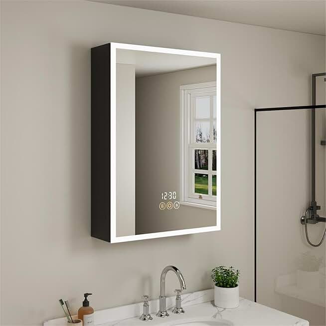 Buruis Medicine Cabinet with LED Lights and Mirror, 24 x 30 Inch Surface or Recessed Mounted Bathroom Cabinet, 3-Color Light, Clock&Temp, Defogger, Memory Function, Outlet & USB, Dimmer, Black