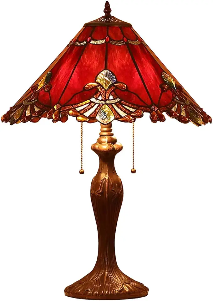 Bieye L10024 Baroque Tiffany Style Stained Glass Table Lamp with 17 inches Wide Handmade Lampshade for Bedside Bedroom Living Room, 26-inch Tall (Red)