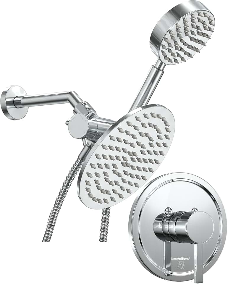 All Metal Dual Shower Head with Handheld, CHROME - Complete Shower System with Rough-In Shower Trim Kit with Valve, Shower Arm and Flange, 2.5 GPM