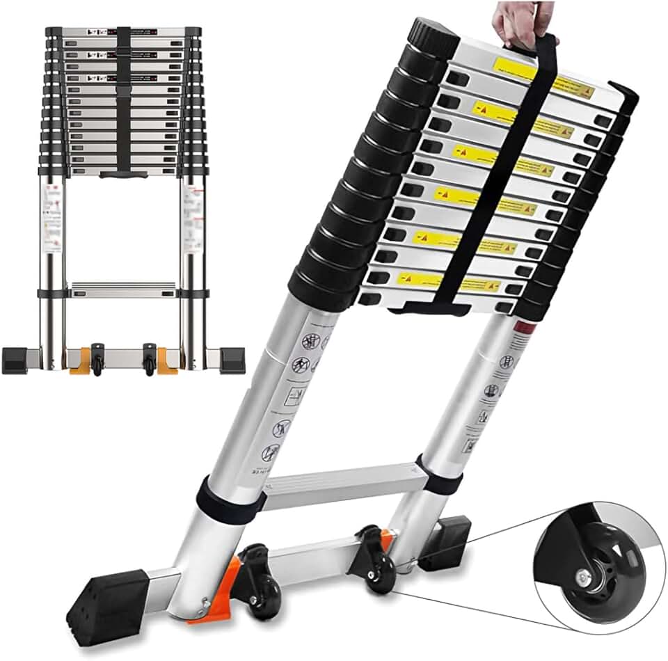 Extendable Ladders 5m/4m/3m/2m Aluminum Collapsible Ladder Extension with Auxiliary Wheel, 330lbs Capacity Multi-Purpose Compact Ladders for Household Or Outdoor Work