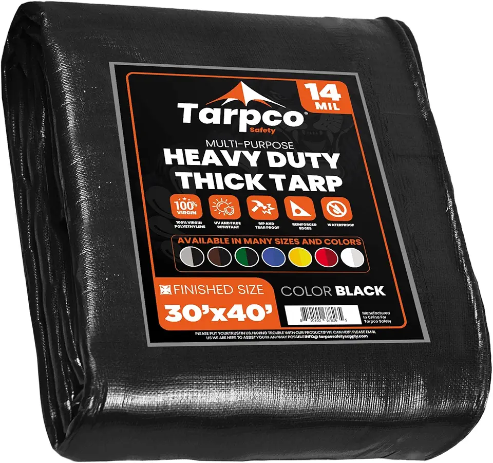 Tarpco Safety Extra Heavy Duty 14 Mil Tarp Cover, Waterproof, UV Resistant, Rip and Tear Proof, Poly Tarpaulin with Reinforced Edges for Roof, Camping, Patio, Pool, Boat (Black 30′ X 40′)