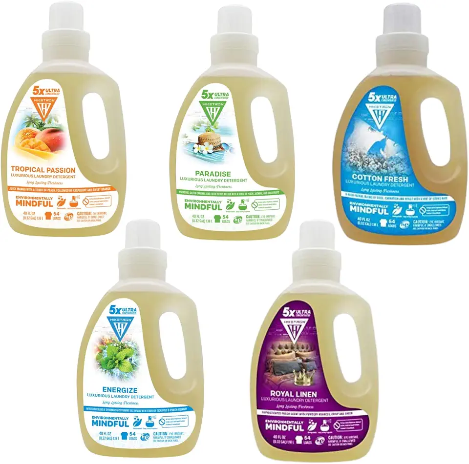 Staycation Bundle- Tropical Passion, Paradise, Cotton Fresh, Energize, Royal Linen Liquid Laundry Detergents, 5x Ultra Concentrated, Tough Stains Remover, Long Lasting Scent (200 Fl Oz, Pack