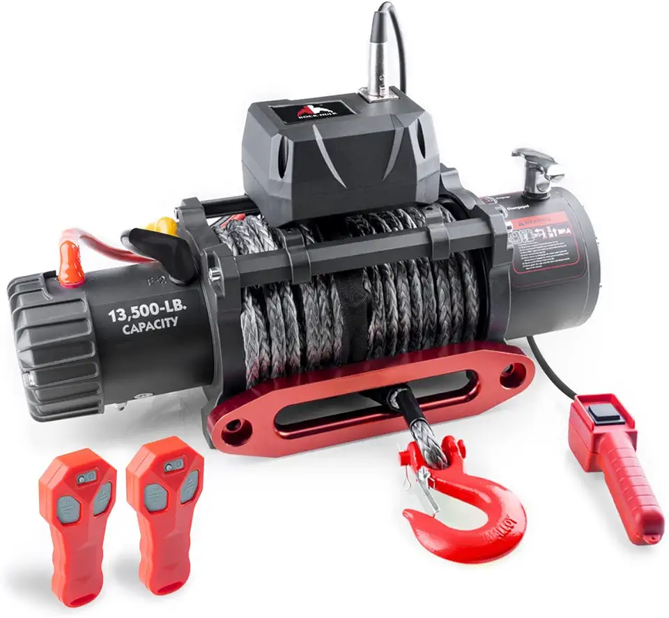 13500 lb Waterproof Synthetic Black Rope Winch Load Capacity Electric Winch Kit,Winch with Wired Handle