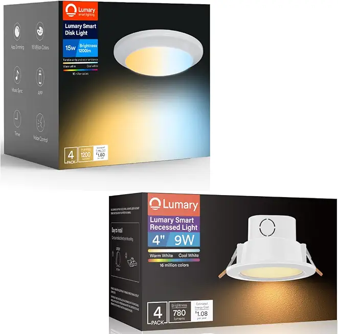 Lumary 15W Smart Flush Mount Ceiling Disk Lights Integrated Smart Recessed Lighting 4 Inch with Junction Box