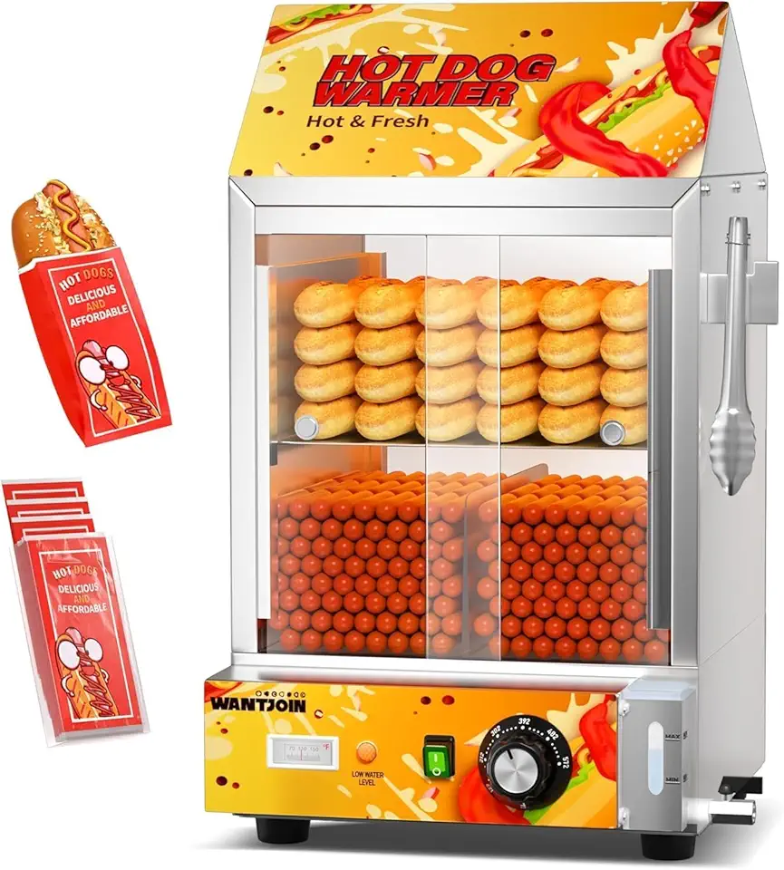 Hot Dog Steamer, Adjustable Temperature 2-Tier Electric Hot Dog Steamer with Bun Warmer, 24.52 QT, Visible Glass Sliding Door and Water Level Line, Suitable for Steaming 175 Hot Dogs &40 Buns