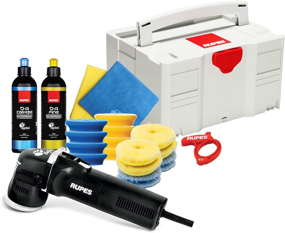 RUPES LHR75E Mini Car Accessories for Car Detailing, Orbital Cleaner, Car Cleaning Tool for Wash with Mini Polisher, Compound & Towels, Foam & Wool Pad (Spot Repair Kit)