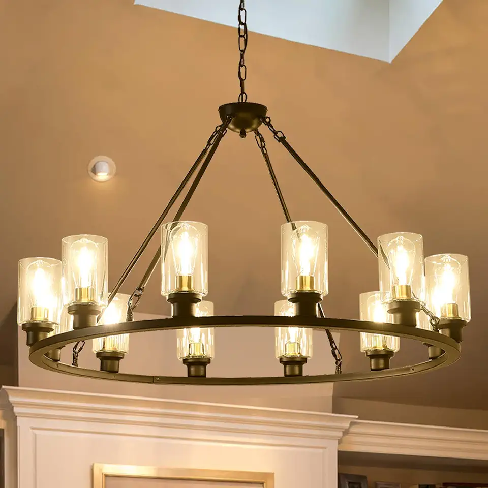 Wagon Wheel Chandelier with Glass Shade Modern Farmhouse Round Industrial Black Chandelier, Hanging Pendant Light Fixture for Living (Glass Black&Gold 40inch 12-Lights)
