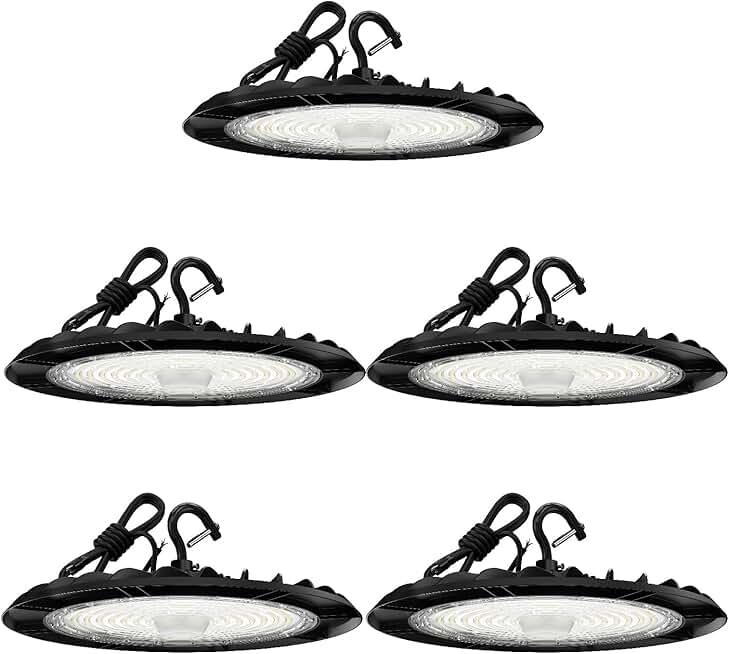 UFO LED High Bay Lights 150W-120W-100W Adjustable Commercial Bay Lighting 24000lm 6000K/5000K/4000K 0-10V Dimmable Plug-in for Warehouse Workshop 5 Pack (Optional Motion Sensor-Extra Purchase)