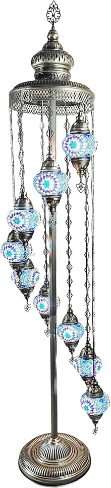 Angora Mert 9 Globe Standing Turkish Floor Lamp - Blue | 100% Handmade in Turkey, Mosaic Glass, Bohemian, Turkish Moroccan Standing Lamps for Indoor Living Room | 75 Inches Tall