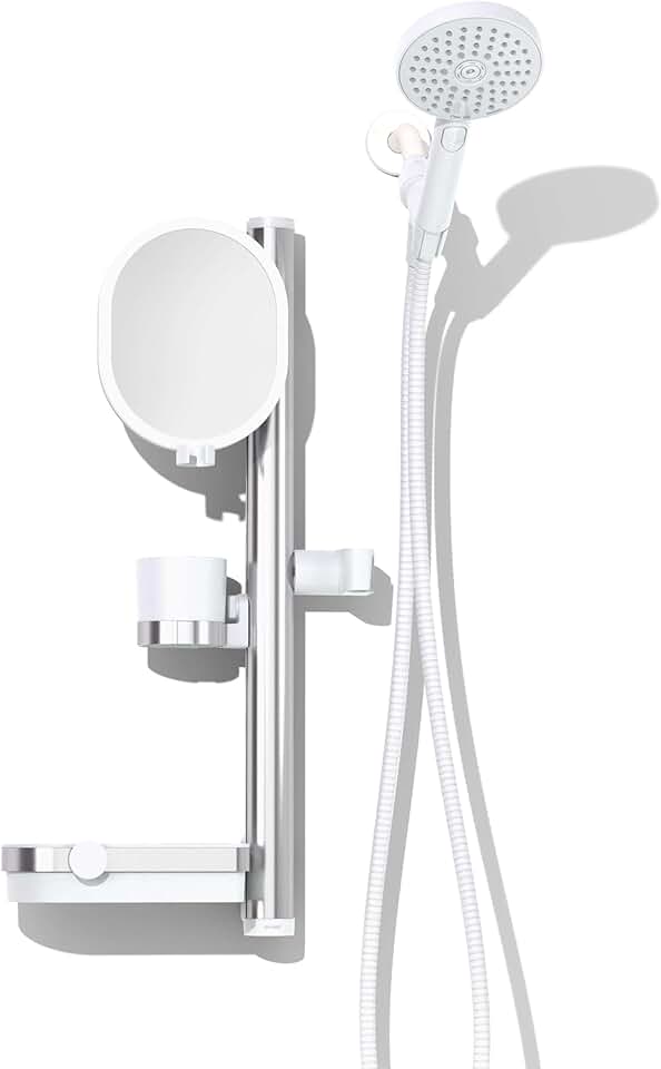 Sproos Lookin Good handheld shower system, high pressure with slidebar organizer for mirror, multi-purpose cup, shelf and hook, 3 spray functions, extra longh 70in hose, 4 colors (white)