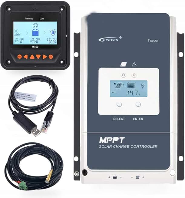 EPEVER 60A MPPT Solar Charge Controller 12/24/36/48VDC Automatically Identifying System Voltage with MT50 Remote Meter & Temperature Sensor RTS & Communication Cable RS485