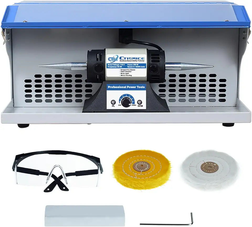Jewelry Bench Polisher, Adjustable Variable Speed Polishing Buffing Machine, 500W Buffer Grinder with Exhaust Fan Blower, Dust Collector, Work Light and Motor Housing for Jewelry, Metal, Wood