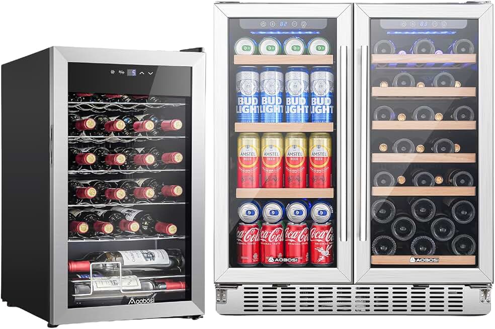 AAOBOSI 30 Inch Wine and Beverage Cooler, 31 Bottles & 110 Cans Wine Fridge, Glass Door Dual Zone Wine Refrigerator, 17 Inch Wine Cooler, 24 Bottles Wine Fridge, Wine Refrigerator Small with LED
