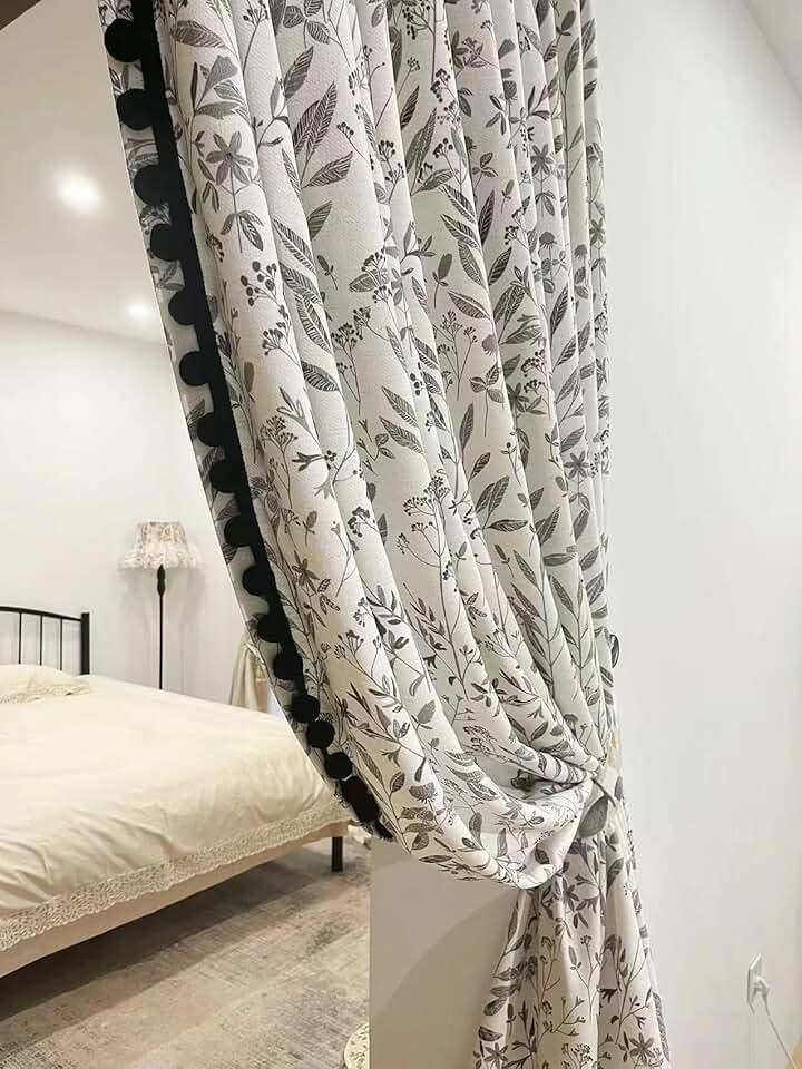 White Linen Textured Curtains 63 inches Long Living Room Curtains Floral Farmhouse Semi Blackout Curtains & Drapes Black Pom Pom Curtains 1 Panel for Bedroom (100