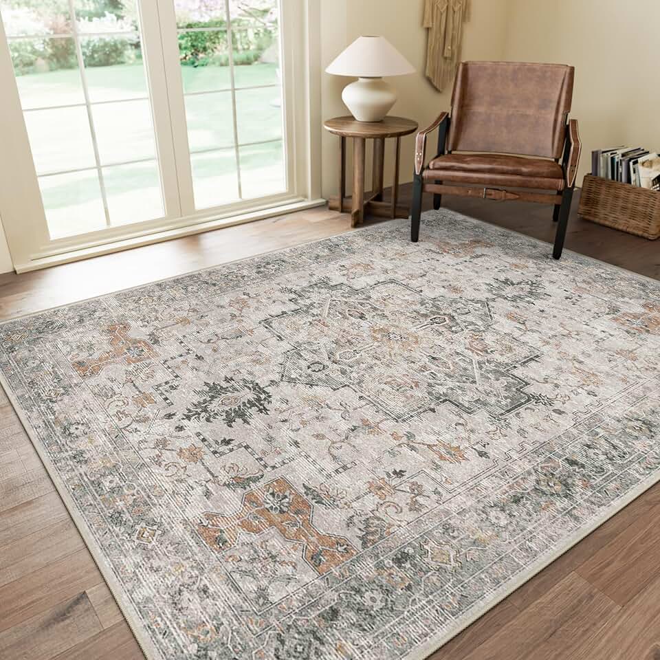 GENIMO 9x12 Area Rugs for Living Room, Non Slip Machine Washable Vintage Rugs, Low Pile Lightweight Chenille Print Large Rug for Bedroom, Dining Room, Home Office, Light Taupe Brown