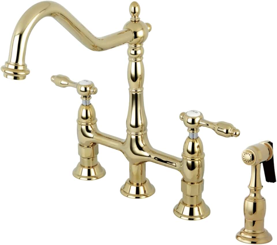 Kingston Brass KS1272TALBS Tudor 8 Inch Center Kitchen Faucet With Brass Sprayer, Polished Brass, 8-3/4 inch in Spout Reach, Polished Brass