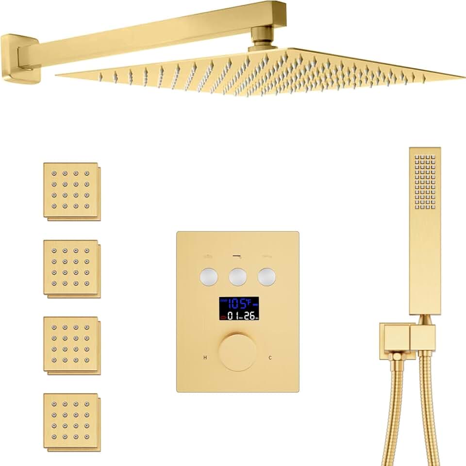 Shower Faucet Set Brushed Gold 12 inch Wall Mounted Shower System with 4 PCS Body Jets, Digital Temperature Push Button Diverter Shower Fixtures with Handheld, All Functions Can Work At Once