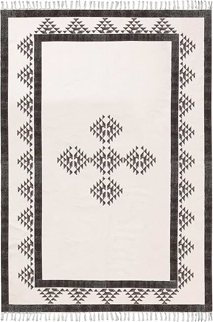 Kilim Rug 7x10 Area Rug Black Beige Cotton Area Rug Boho Rug Easy Washable Rug Flatweave Rugs for Large Area Bedroom Rug Living Room Dining Table Room