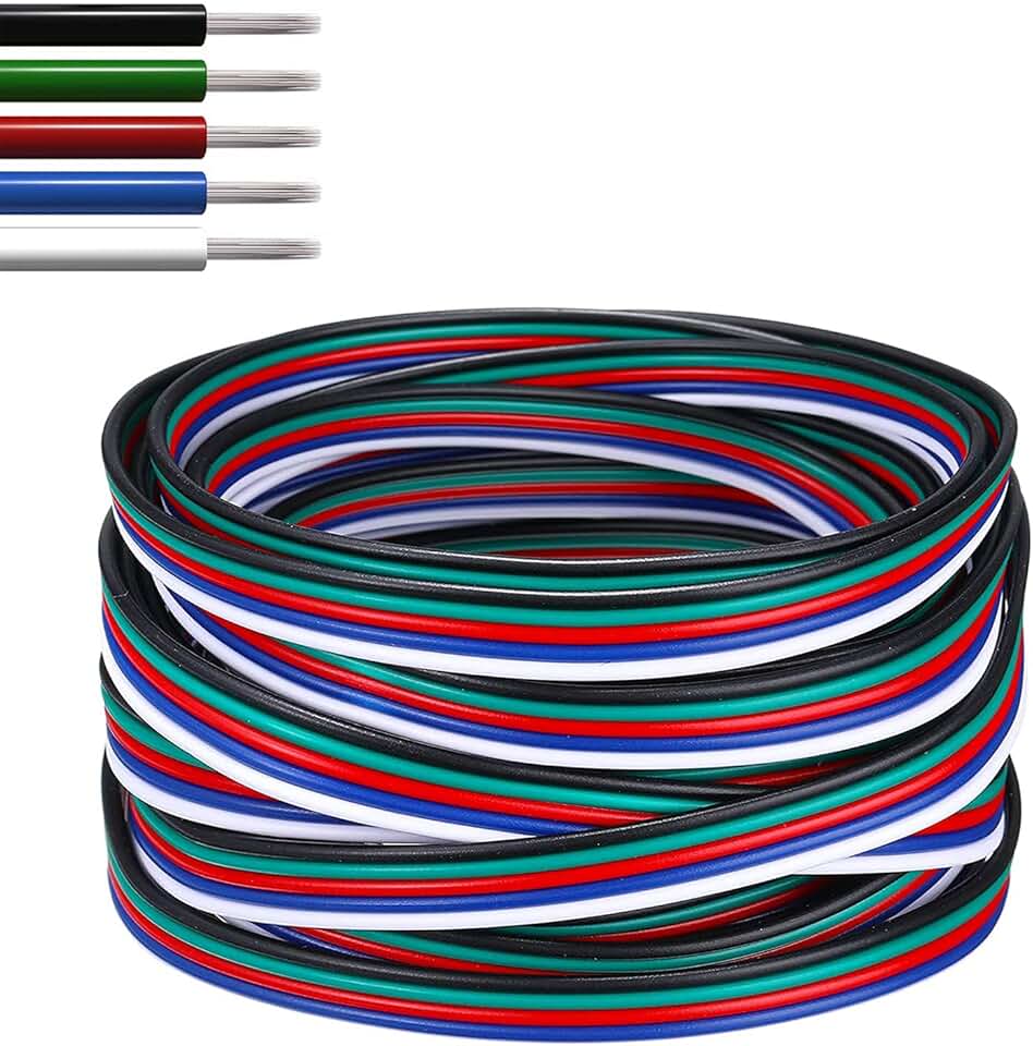22 Gauge 5Pin Extension Wire, EvZ 22AWG 5 Conductor Parallel Electric Cable Cord for RGBW LED Strips 3528 5050, Black-Green-Red-Blue-White, 1*Roll, 1936ft/590M