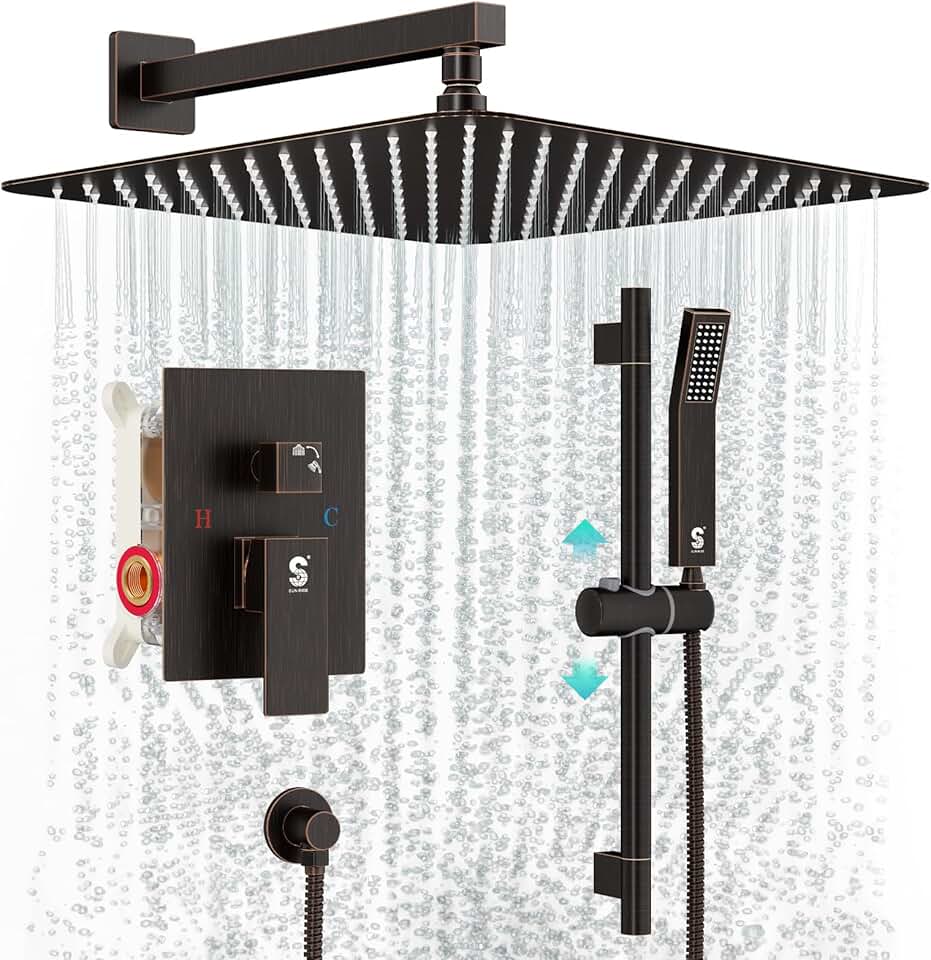 SR SUN RISE 12 Inch Oil Rubbed Bronze Shower Faucet Set, Wall-Mount Adjustable 16-Inch Slide Bar with Square Hand Shower System Included Valve and Trim Kit