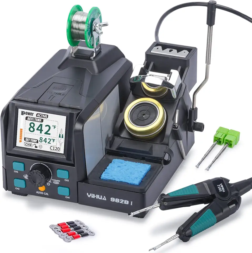 YIHUA 982D-I Precision Hot Tweezers Soldering Station with 4 Soldering Tips, Lead-Free Solder Wire, YIHUA 716C-Compatible Handpiece, AUTO Temp. Calibration, Sleep Mode, Full-Color Display