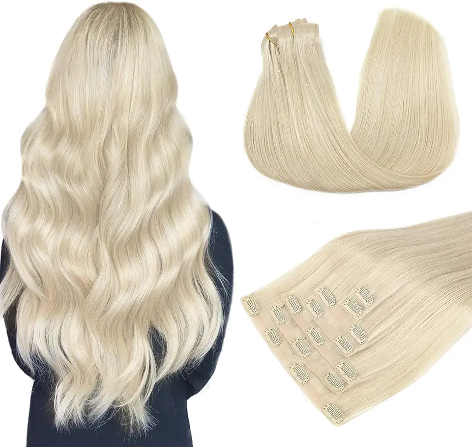 DOORES Seamless Clip in Human Hair Extensions, Platinum Blonde 24 Inch 7pcs 160g, Clip in Hair Extensions Straight Hair Extensions Thin Weft Natural Thick Hair Invisi Edge Hair Extensions