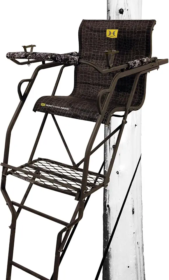 Hawk 20' Big Denali 1.5-Man SLS Ladder Stand | Durable Hunting Archery Steel 1 Person Tree Stand with Chair, Bow/Gun Holder, Footrest, Flip Back Shooting Rail & Noise Free Ladder