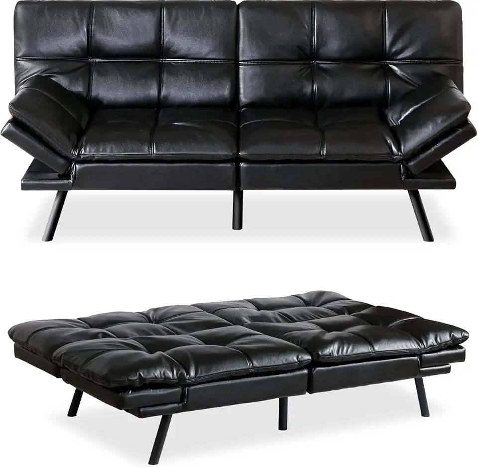 MUUEGM Futon Sofa Bed Convertible Memory Foam Sleeper Couch,Modern Faux Leather Daybed Love seat for Living Room Office Apartment Small Space,Adjustable Arm&Back,71