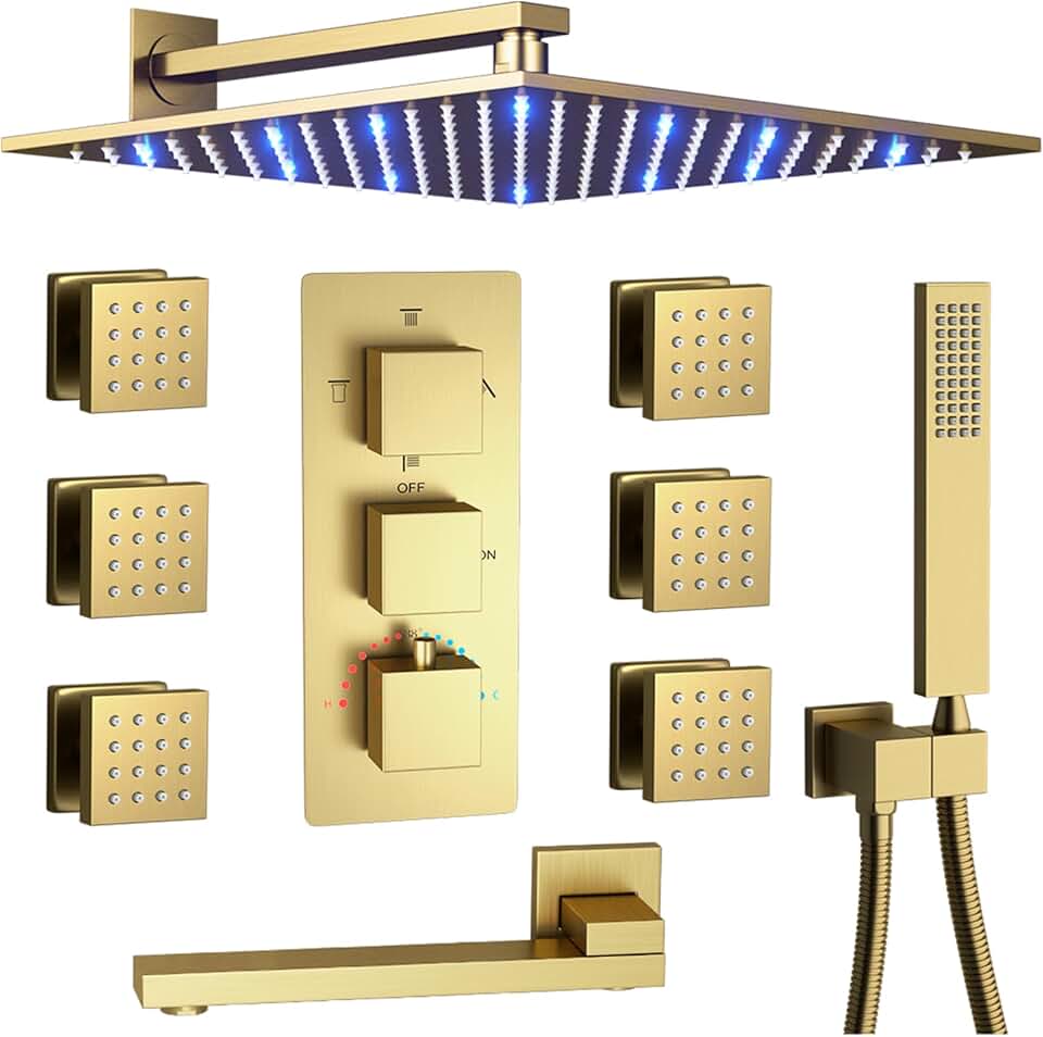 Full Body Rain Thermostatic Shower System with Tub Spout, Brushed Gold Shower Faucet Set 4 Way Bathtub Shower Set with Wall Mounted LED 12