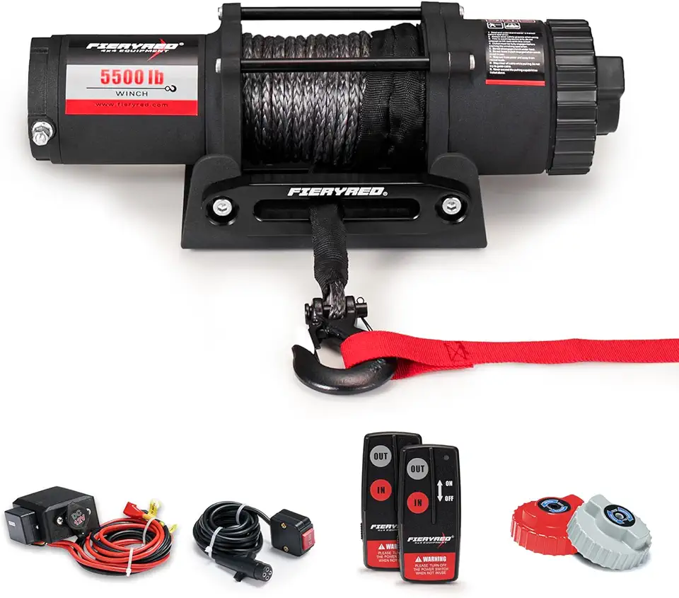 FieryRed ATV/UTV Winch- 12 V 5500LBS Electric Winch with Synthetic Rope, Wire and Wireless Remote Control, Aluminium Fairlead