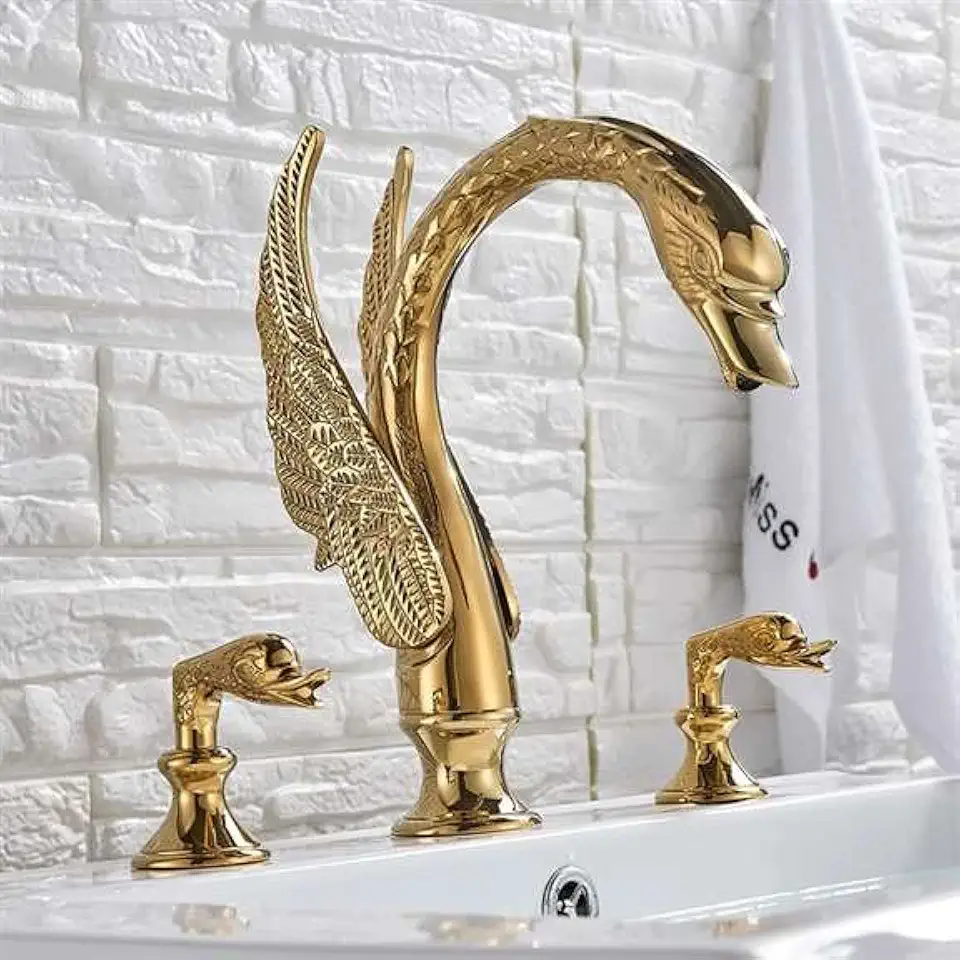 3pcs Golden Bathroom Faucet-Luxury Swan Shape Sink Faucet for Modern Bathroom Design-Deck Mounted Dual Handle Basin Tap- Unique Brass Bird Faucet (Without Pop Up Drain)