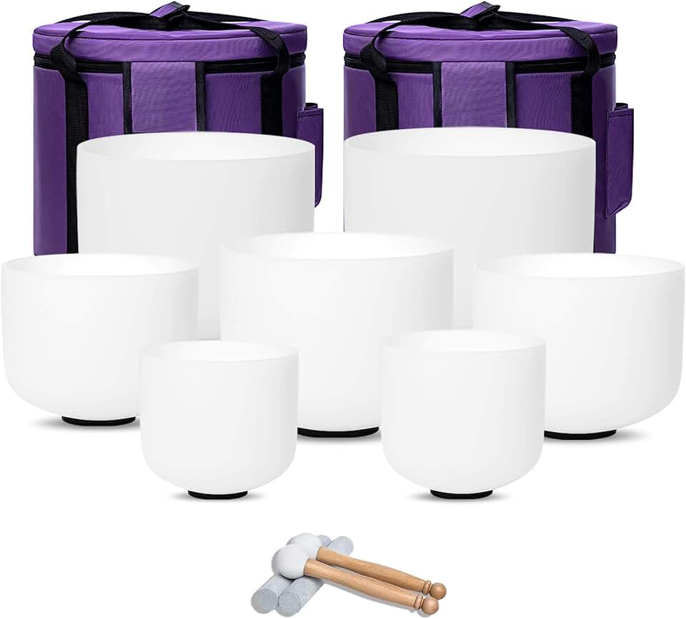 432hz Crystal Singing Bowl 6-12inch Set of 7 Pure White for Meditation Yoga Heart Chakra Meditation Heavy Duty Carrying Case with Sponge Padded Bundle Rubber Mallet Suede Striker O ring