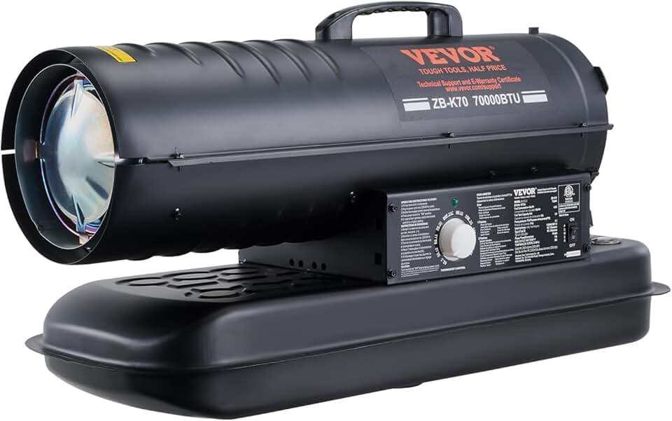 VEVOR Portable Diesel and Kerosene Space Heater, 70000 BTU, with Adjustable Thermostat and 5 Gallon Fuel Tank, Energy Efficient for Outdoor and Indoor Settings, Workshops, and Industrial Areas