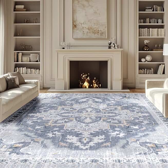 Boho Tribal Living Room Rug - 9x12 Washable Area Rug Non-Slip Low-Pile Soft Machine Washable Area Rugs 9x12 Large Carpets for Living Room Dining Room Bedroom Nursery Farmhouse - Blue/Gray