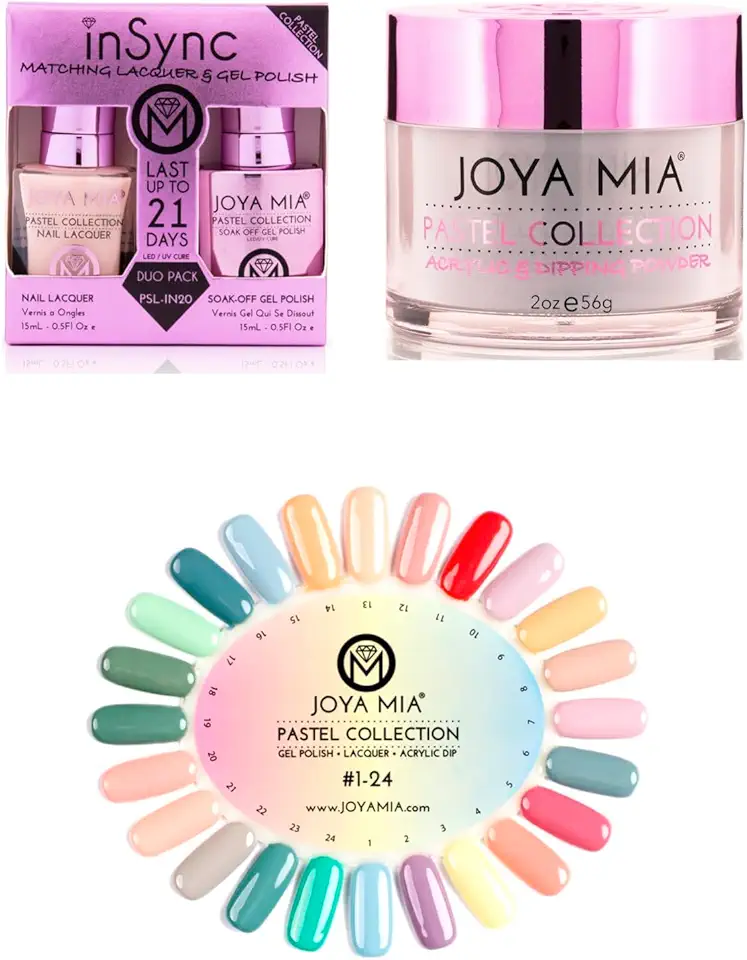 Pastel 24 Colors Collection 3in1 Dipping Powder sets Matching Colors by Joya Mia, Gel polish, and matching nail lacquer Nail 3in1 acrylic powder, soak off 3in1 Dip powder and matching duo set