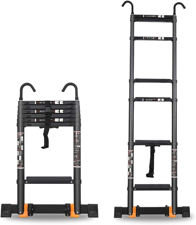 Extendable Ladders Telescoping Ladder for 6m/5m/4m/10FT/2m RV/Rooftop Tent/Attic, Aluminum Black Extension Telescopic Ladders with Detachable Hook & Stabiliser Bar (Color : Black, Size : 3.5