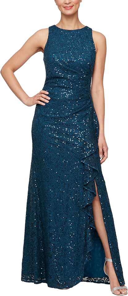 Alex Evenings Women's Long Sleeveless Mother of The Bride Dress W/Cascade Ruffle & Front Slit, (Petite and Regular Sizes)