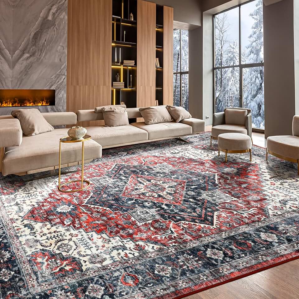 9x12 Area Rugs for Living Room, Vintage Boho Rug Non-Slip Rug Stain Resistant Washable Rug Soft Rug Indoor Floor Carpet Non-Shedding Carpet for Bedroom Dining Room Kitchen