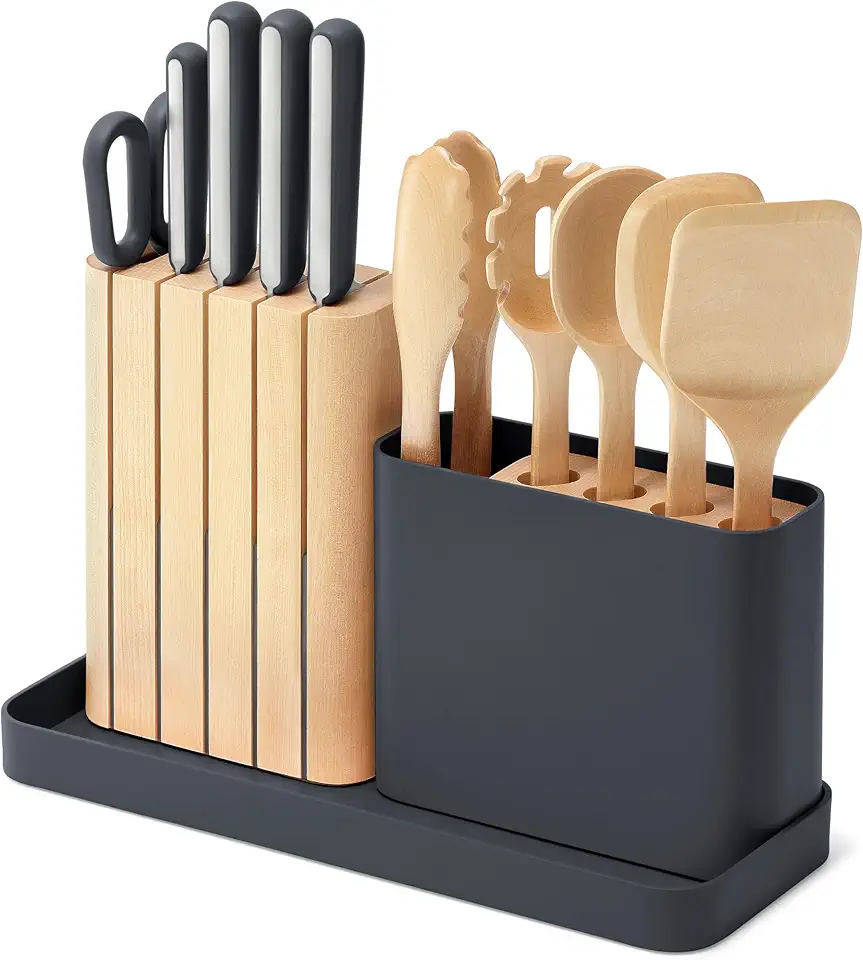 Caraway 14-Piece Kitchen Prep Set - Kitchen Knife Set & Wooden Utensil Set - Made With Premium German Steel Blades & FSC-Certified Birch Wood - Non-Toxic Materials - Includes Organizer - Charcoal
