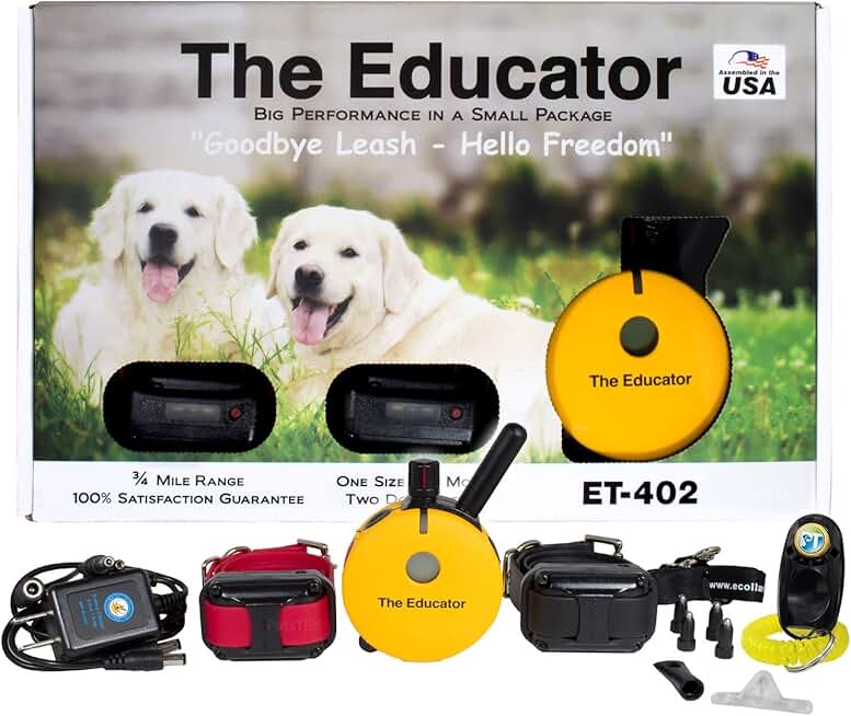Educator ET-402-3/4 Mile Rechargeable 2-Dog Trainer Ecollar with Remote for Small, Medium, and Large Dogs by E-Collar Technologies - Electric, Vibration, Tone, and Stimulation Training Shock Collar