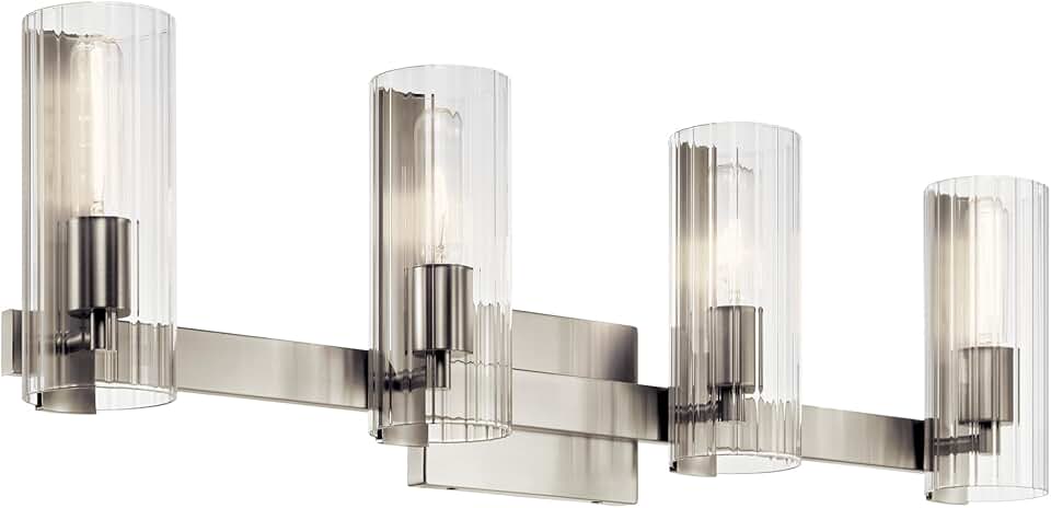 KICHLER Jemsa 4 Light Vanity, Modern Light with Clear Fluted Glass in Brushed Nickel for Bathroom or Powder Room (9.75