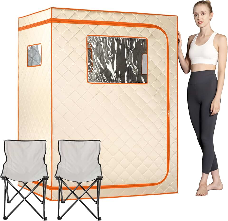 Smartmak Full Size Far Infrared Sauna, Two Person Home SPA with Time & Temperature Remote, Chairs, Light, Oversized 1 or 2 Person Privacy Indoor Saunas for Relaxation, Orange Border