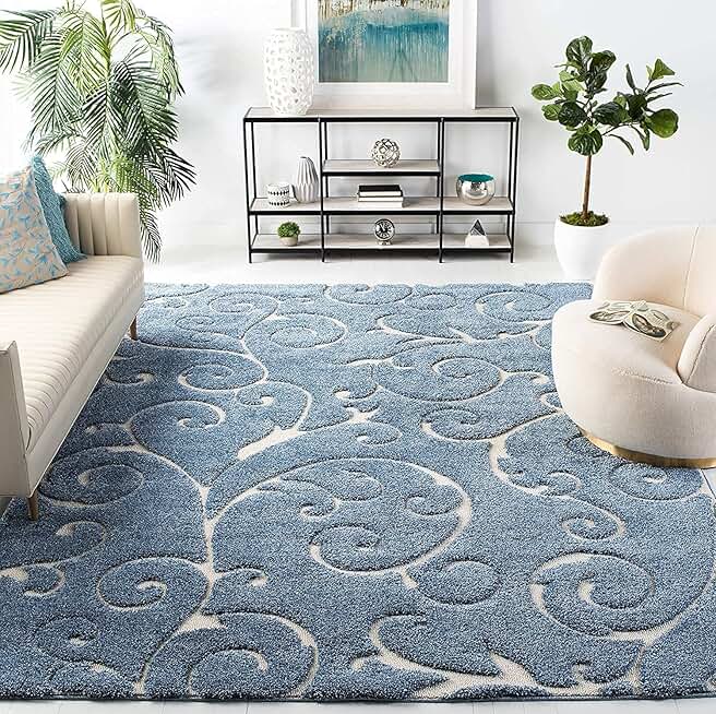 SAFAVIEH Florida Shag Collection 9' Square Light Blue/Cream SG455 Scrolling Vine Graceful Swirl Textured Non-Shedding Living Room Bedroom Dining Room Entryway Plush 1.2-inch Thick Area Rug