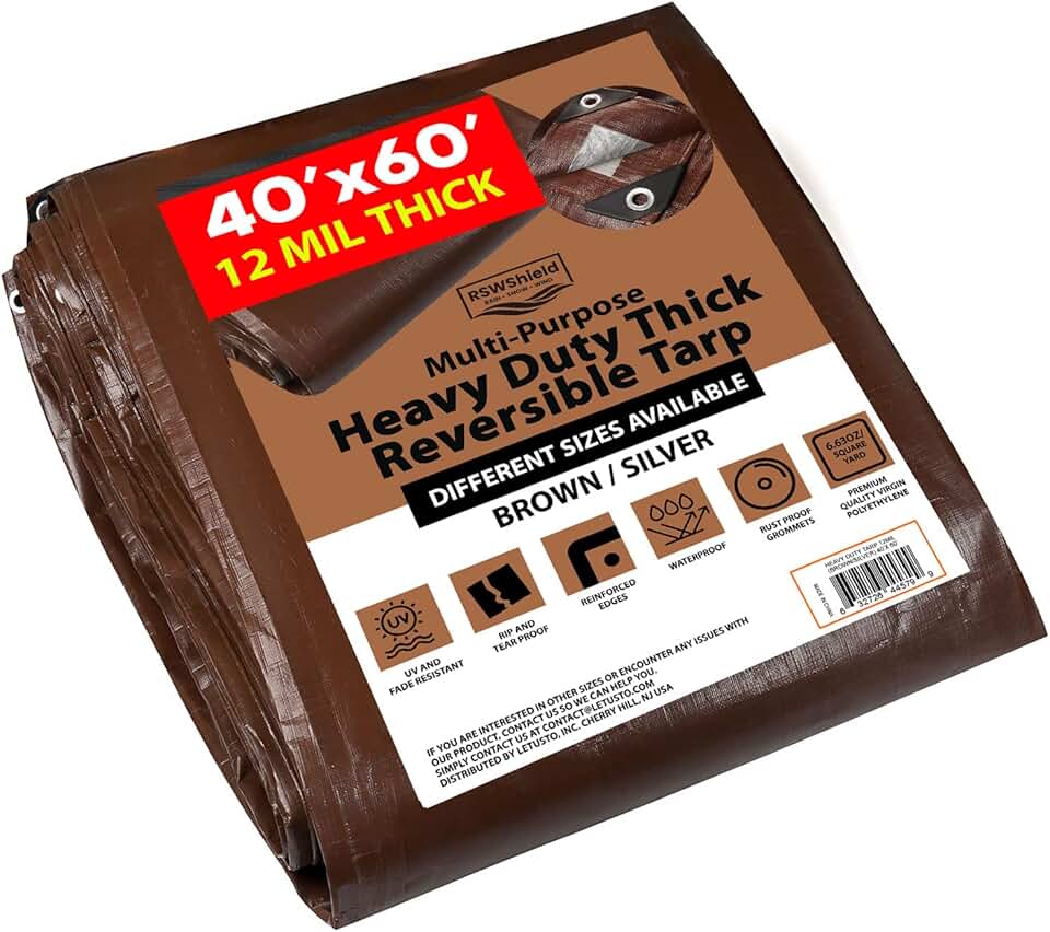 [40'X60'] RSW Heavy Duty Waterproof 12 Mil Safety Reversible Tarp Cover, UV Resistant, Rip and Tear Proof Tarpaulin with Reinforced Edges - for Roof, Camping, Patio, Pool Cover, Boat (Brown/Silver)