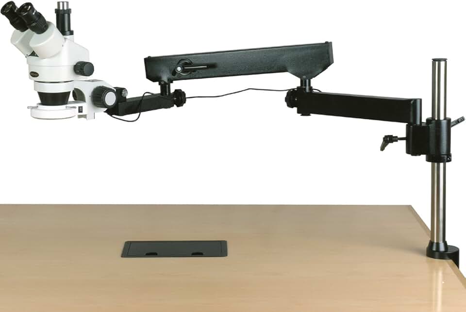 AmScope SM-8TZ-144S Professional Trinocular Stereo Zoom Microscope, WH10x Eyepieces, 3.5X-90X Magnification, 0.7X-4.5X Zoom Objective, 144-Bulb LED Ring Light, Articulating-Arm Boom Stand, 110V-240V, Includes 0.5x and 2.0x Barlow Lenses