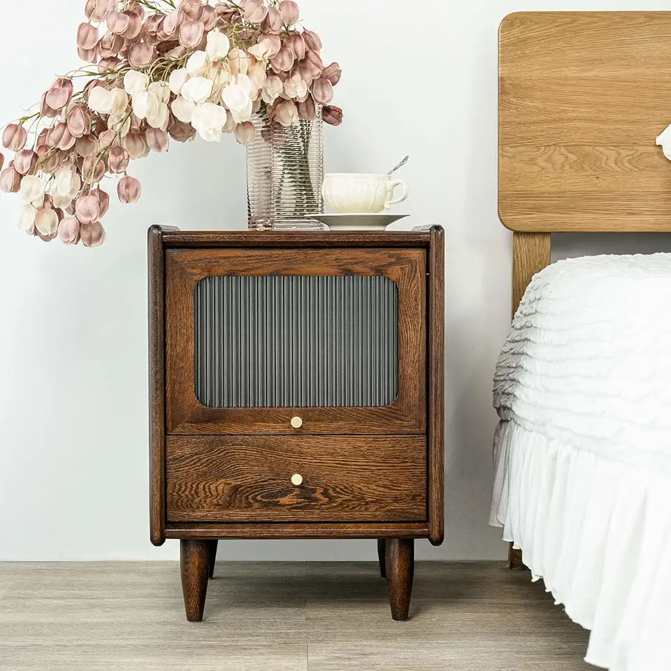 Night Stand, Mid Century Modern Nightstand w/Drawers, Narrow Nightstand Easy Assembly, Boho Nightstand, Solid Wood Oak Bedside Table, Side Table, 15.75 W x 15.75 D x 21.26 H Inches(Walnut)